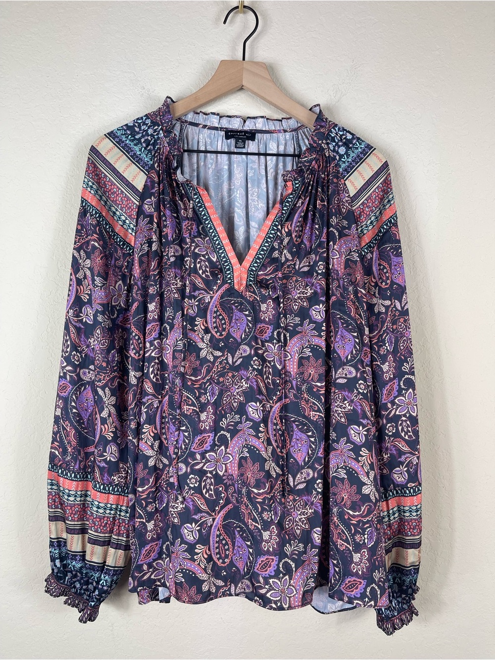 Anthropologie Current Air Floral Paisley Pattern Satin Long Sleeve Top Size XL